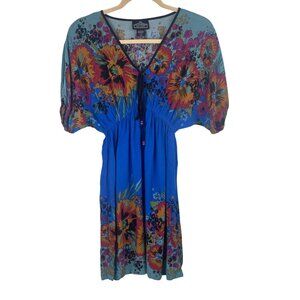 Angie S Boho Floral Print Womens Dress Blue Rayon Short Sleeves Beachy